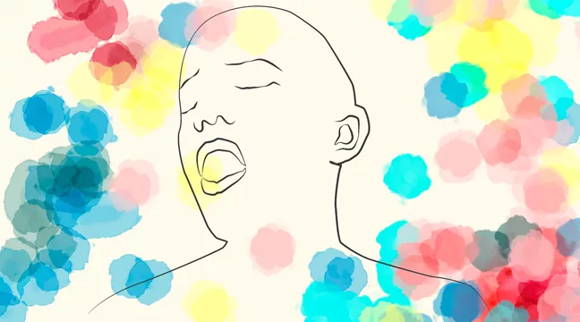 Illustration med regnbågens färger och en person som njuter 
